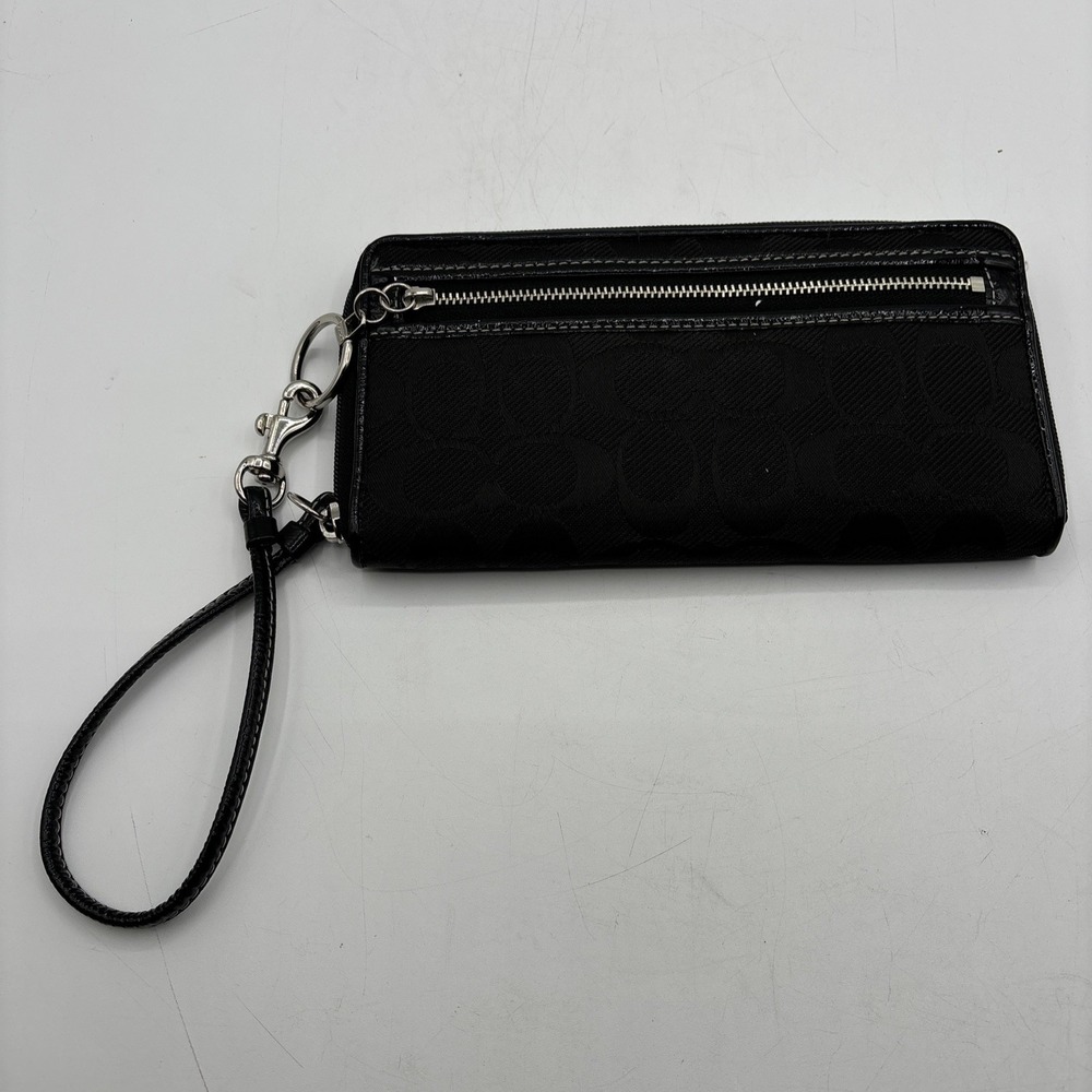 Coach Black Jacquard Signature Wristlet Zip Around Wallet Patent Leather Trim
